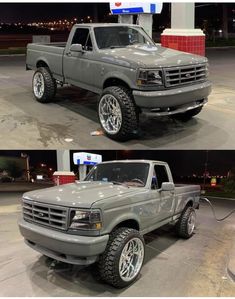 two pictures of the front and rear sides of a gray pickup truck at a gas station