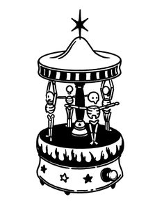 a black and white drawing of a merry go round with three people on the top