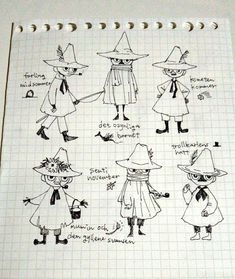 an open notebook with drawings of witches in different outfits and hats on top of it