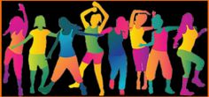 the silhouettes of people are dancing in different colors and sizes, with an orange border around them