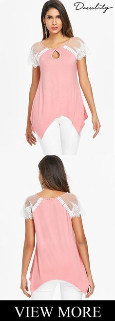 Take your fashion with this tunic t-shirt in soft material. It features a keyhole neck that is embellished with beads which are elegant and feminine, sheer lace on the shoulder, and a trendy handkerchief hemline which makes it quite figure flattering and gives it a very feminine drape. #laceoutfits#peach#womenoutfit#dresslily