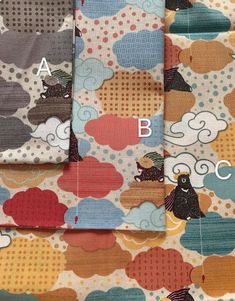 three pieces of fabric with different designs on them and the letters abc, b, c