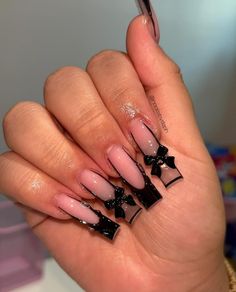 Pink And Black Nails Acrylic Coffin Long, Black And Pink Croc Nails, Long Square Acrylic Nails Goth, Y2k Nails Acrylic Long Black, Xl Goth Nails, Pink Press On Nails, Summer Acrylic