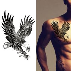 a man with an eagle tattoo on his chest next to a $ 100 dollar bill