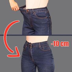 the bottom half of a woman's jeans showing how to measure her waist