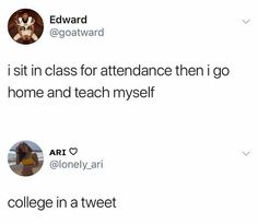 two tweets are shown with the caption'i sit in class for attendance then go home and teach myself '