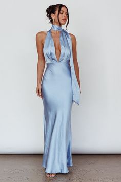 Graduation Guest Outfit Ideas: Find the Perfect Look for the Occasion Azure Dress, Satin Clutch, Blue Maxi Dress, Dream Dresses, Guest Attire, Wedding Attire Guest, Blue Maxi, Clear Heels, Glam Dresses