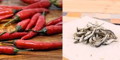 there are many red peppers on the cutting board and one is cut up to eat