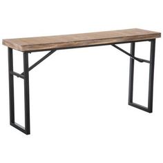 a wooden table with metal legs on a white background