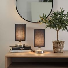 a table with two lamps and a mirror on it next to a potted plant