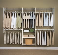 an organized closet with clothes and baskets