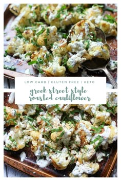 cauliflower and other vegetables on a tray with the words guk street style roasted cauliflower