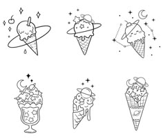 six different ice creams with stars and planets on them, all in black and white