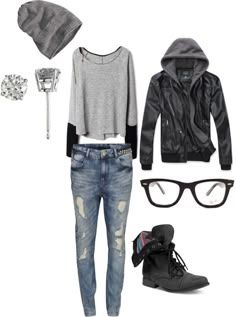 Boots. I need big boots- Leather hooded jacket, biker boots, geek glasses, grey slouchy top, beanie hat & ripped denim Tomboy Summer, Outfit Ideas Tomboy, Outfit Tomboy, Tomboy Outfit, Tomboy Femme, Tom Boy, Bling Fashion, Leather Jacket With Hood, Tomboy Outfits