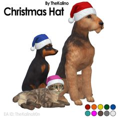 two dogs and a cat wearing santa hats for the christmas hat game, with color swatches