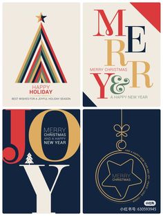 four christmas cards with the words merry and new year