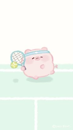 a pig with a tennis racket in its mouth on the ground next to a ball