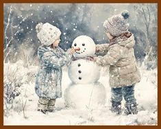 two children building a snowman in the snow