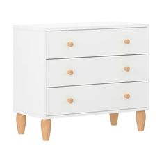 a white dresser with three drawers and wooden legs