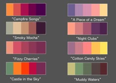 the color scheme for different colors and font styles, including red, purple, yellow, green