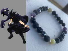 Handmade real crystal bracelet! This piece is modeled after Tokoyami from BNHA aka My Hero Academia! It's made with lava rock, obsidian, hematite, amethyst and luminous stone (GLOWS under UV!) with silver colored spacers <3 All bracelets are made with an 18cm base size and use stretchy string to create a universal fit for adults! Mha Bracelet Ideas, My Hero Academia Bracelet, Bakugou Bracelet, Anime Inspired Bracelet, My Hero Academia Jewelry, Bracelets Kandi, Glow Bracelets, Anime Jewelry, Bracelets Design