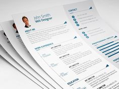 four resumes are stacked on top of each other in front of white paper with blue accents