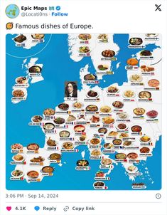 an image of a map with many different dishes on it and the words famous dishes of europe