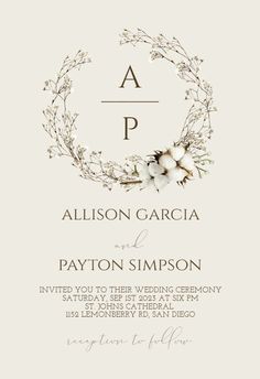 an elegant wedding card with flowers and the letter p on it's front side