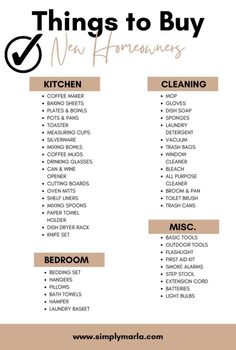 Here is the ultimate list of things you need to buy for your first home! From plates to hangers, we have for you the best new homeowner checklist! First Home Furniture Checklist, Household Essentials List, Buying A House Checklist, First Home Essentials, Homeowner Checklist, Moving List, Home Checklist