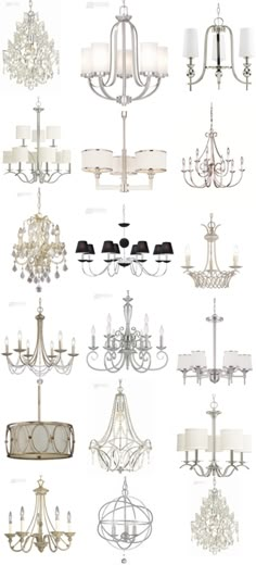 the chandelier is shown in all different styles and colors, including white lights