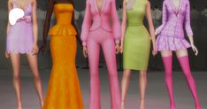 four female mannequins in different colored dresses