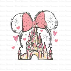 the disney castle with pink bows and balloons