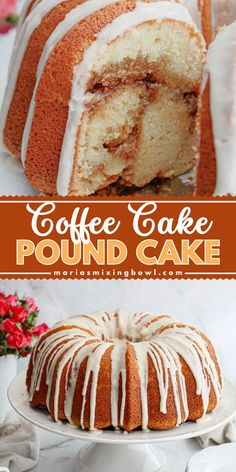 coffee cake pound cake with white icing on a plate and in the background there is a bundt cake that has been sliced