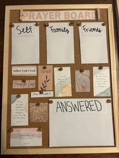 a bulletin board with notes attached to it and the words'prayer board'written on them