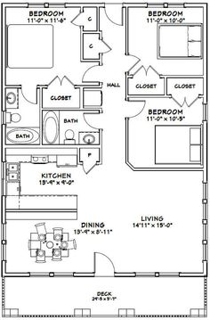 the floor plan for a two bedroom, one bathroom apartment with an attached kitchen and living room