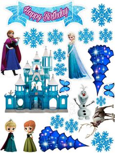 frozen princess birthday party decorations with blue and white snowflakes, paper cut outs, and