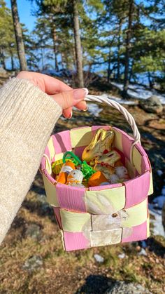 a person holding a pink and yellow basket filled with candy in the woods on a sunny day