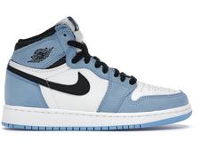 Jordan 1 Retro High White University Blue Black (GS) - 575441-134 - US Jordan 1 High University Blue, Blue Jordans, Jordan Shoes Girls, All Nike Shoes, Cute Nike Shoes, Jordan Sneakers, Air Jordan 1 Retro High, Hype Shoes, Cute Nikes