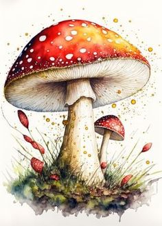 a watercolor painting of a mushroom in the grass