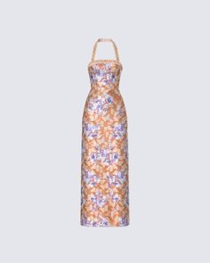 Draped in floral sunshine, this dress is all about brightening up your day 🌼 With a metallic embellishment trim and an all-over floral pattern, this orange burnout maxi will have them all feeling your warmth 🧡 Spring Gala Floral Print Midi Dress, Evening Floral Print Maxi Dress With Halter Neck, Orange Maxi Dress For Gala, Orange Halter Neck Maxi Dress For Evening, Orange Floor-length Spring Dress, Orange Spring Gala Dress, Elegant Orange Halter Neck Maxi Dress, Orange Floral Print Maxi Dress, Orange Floral Print Maxi Dress For Garden Party