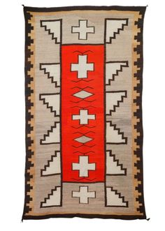 an old navajo rug with red and white designs on the front, black border, and brown