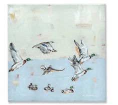 a painting of ducks flying in the air