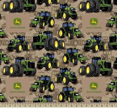 a large group of green tractors on a brown background with the words john deere