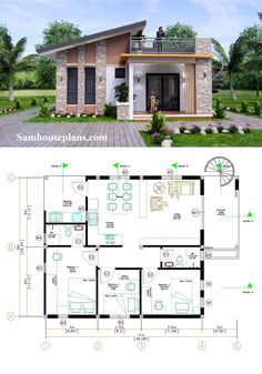 two story house plan with floor plans and measurements