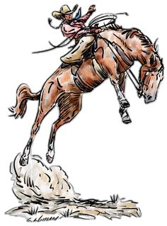 a drawing of a man riding on the back of a bucking bronco horse