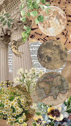 an artistic collage with flowers and old maps