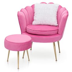 a pink chair and foot stool with a white pillow