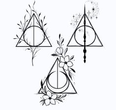 three triangle tattoos with flowers on them