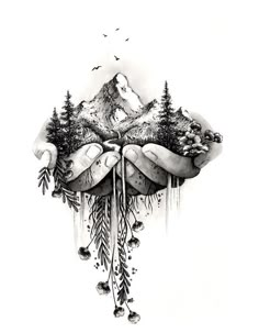 a drawing of two hands holding trees and mountains