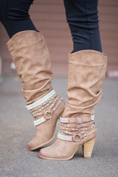 We love fall, and all the new boots each year. We have one of each color. Shhh...don't tell my husband. Shop these Nude Diamonds & Studs Boots at NanaMacs Boutique. Riding Boots Fashion, Boho Shoes, High Heeled Boots, Casual Chique, Studded Boots, Cute Boots, Motorcycle Boots, Boots Fall